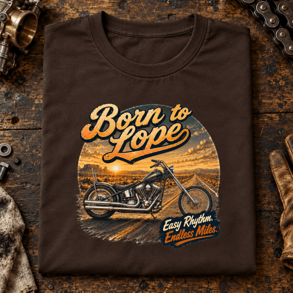 Camberline Born To Lope custom chopper brown T-shirt front print on a vintage builder bench