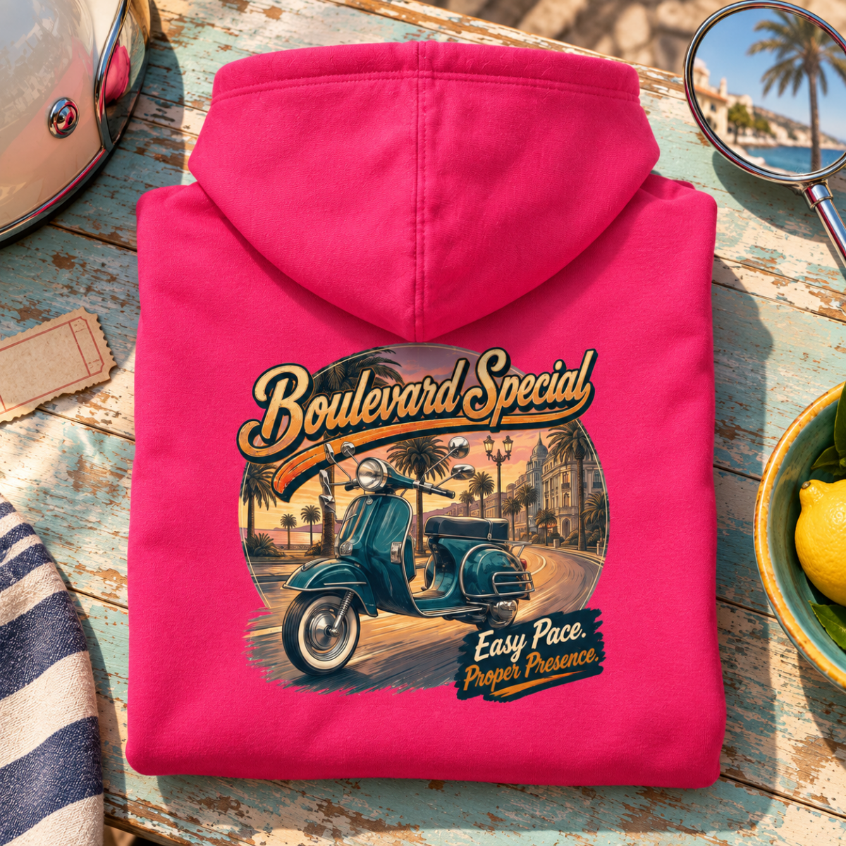 Camberline Boulevard Special classic scooter hot pink hoodie back print in a retro seaside setting