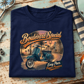 Camberline Boulevard Special classic scooter navy T-shirt front print in a retro seaside workshop