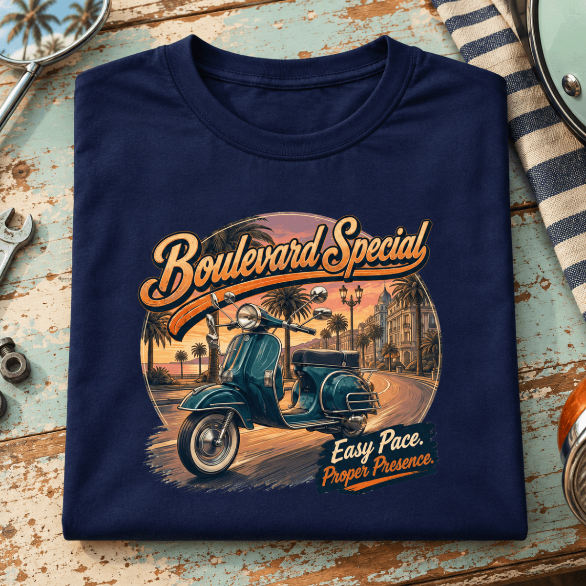 Camberline Boulevard Special classic scooter navy T-shirt front print in a retro seaside workshop