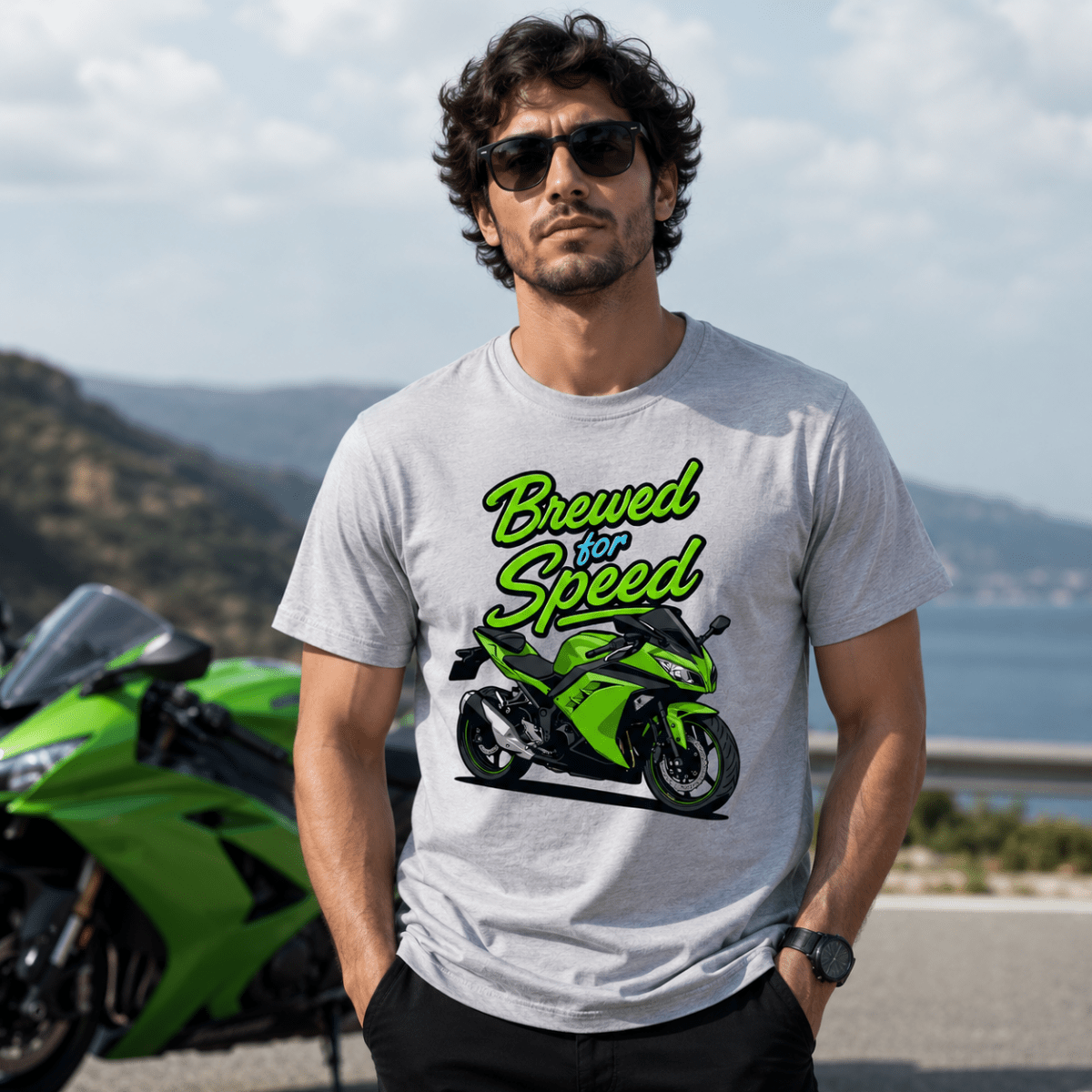 Brewed For Speed Green Sport Bike t-shirt grey marl — Camberline