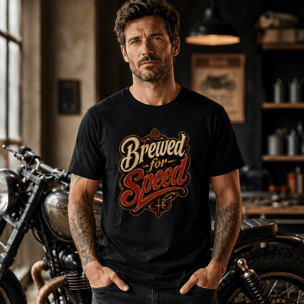Brewed For Speed Tattoo Script t-shirt black — Camberline