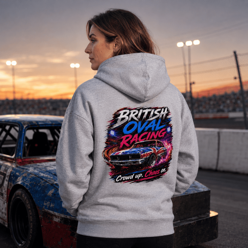 Model wearing Camberline Heather Grey hoodie showing British Oval Racing Crowd Chaos British oval racing back graphic