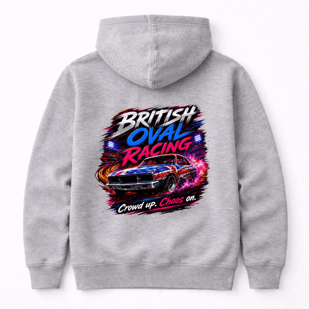 Camberline British Oval Racing Crowd Chaos Heather Grey hoodie, back graphic for British oval racing fans