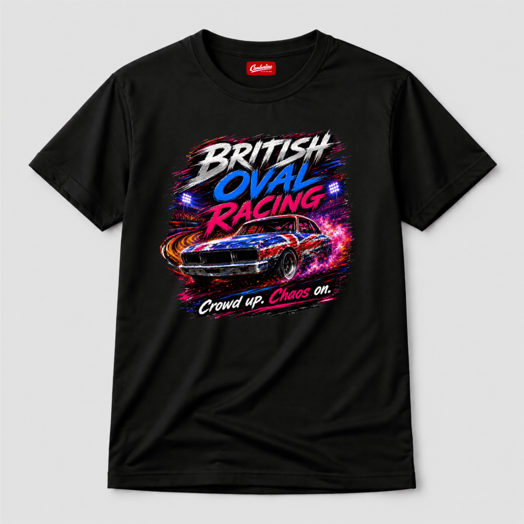 Camberline British Oval Racing Neon Stock Car Black t-shirt, front graphic for British oval racing fans