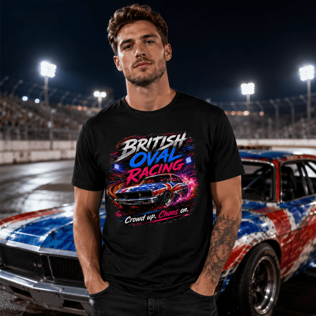 Model wearing Camberline Black t-shirt showing British Oval Racing Neon Stock Car British oval racing front graphic