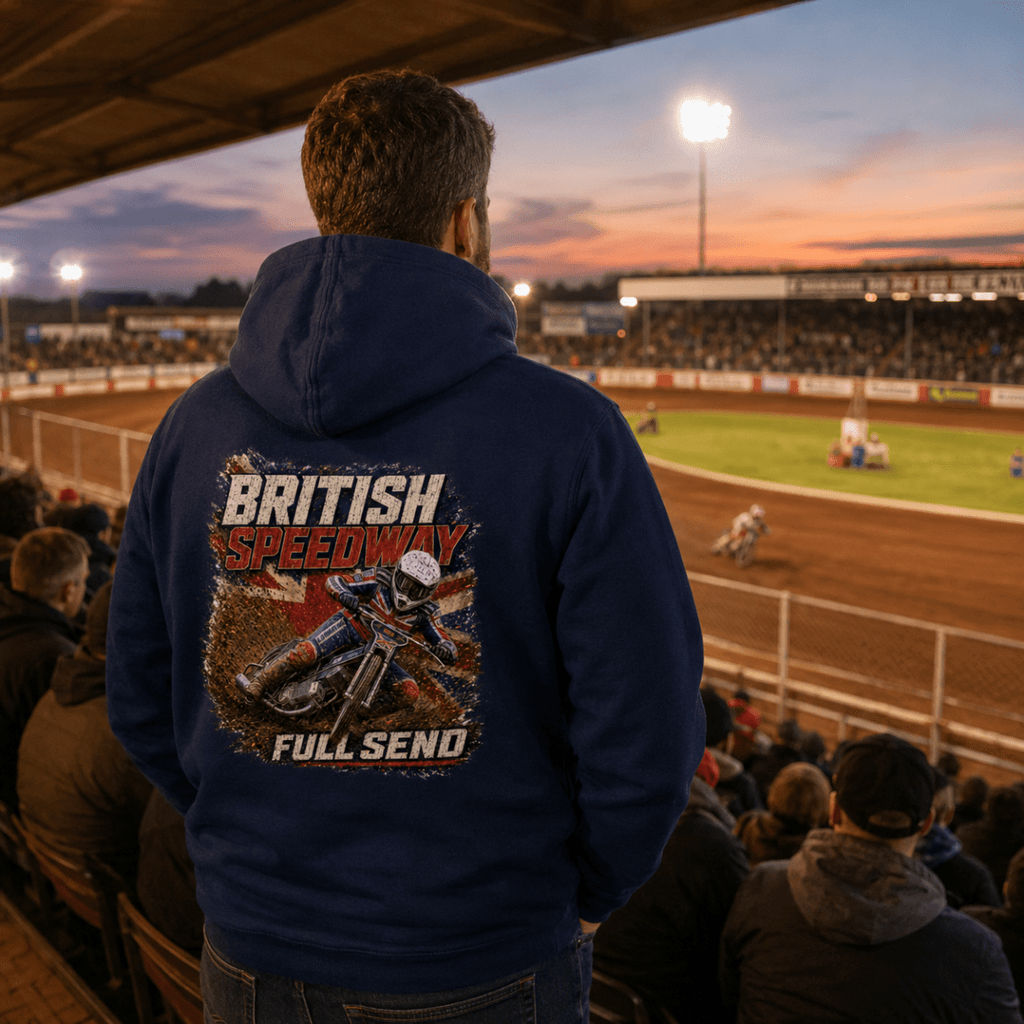 Model wearing Camberline hoodie showing British Speedway Full Send Union Jack back graphic