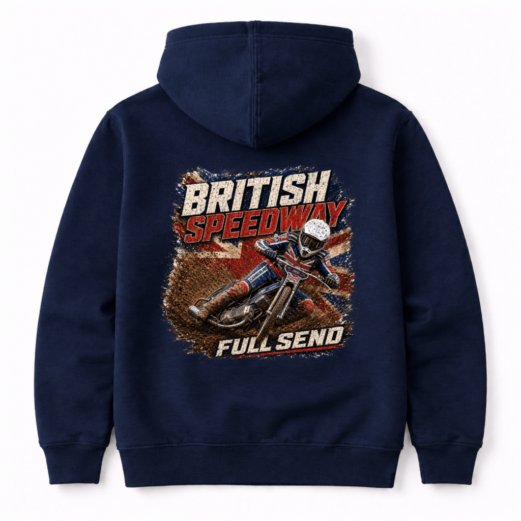 Navy Camberline hoodie showing British Speedway Full Send Union Jack back graphic