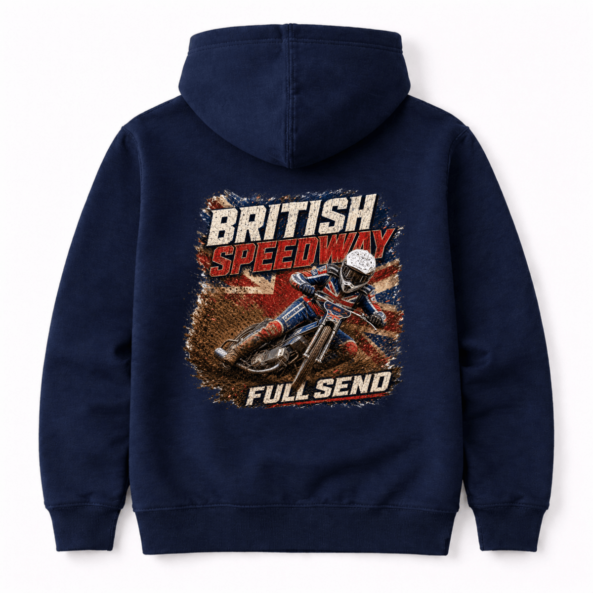 Navy Camberline hoodie showing British Speedway Full Send Union Jack back graphic