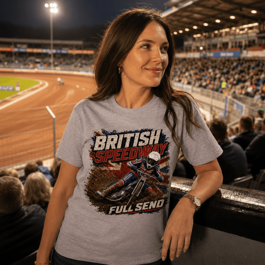 Model wearing Camberline t-shirt showing British Speedway Full Send Union Jack front graphic