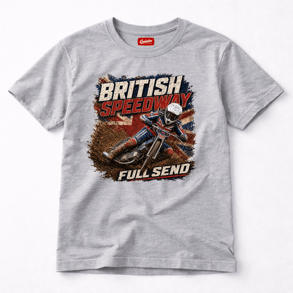 Heather Grey Camberline t-shirt showing British Speedway Full Send Union Jack front graphic