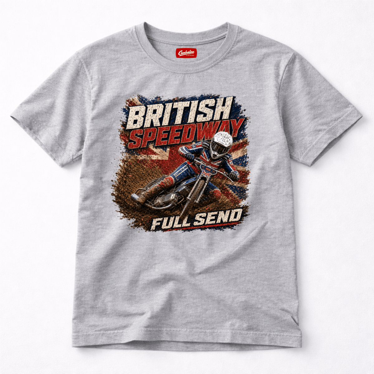 Heather Grey Camberline t-shirt showing British Speedway Full Send Union Jack front graphic
