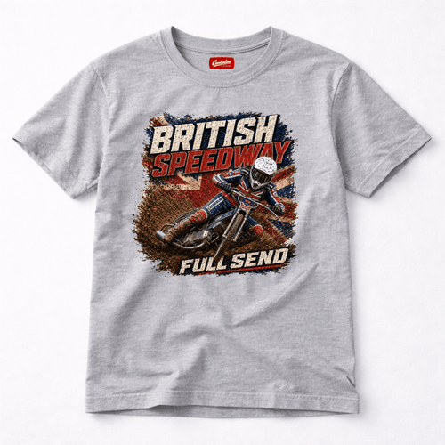 Heather Grey Camberline t-shirt showing British Speedway Full Send Union Jack front graphic