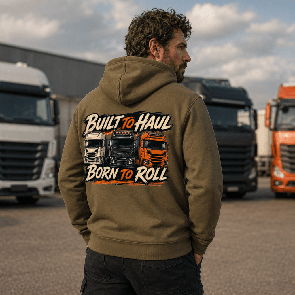 Man wearing a hoodie with 'Built to Haul, Born to Roll' text and truck graphics in front of trucks.