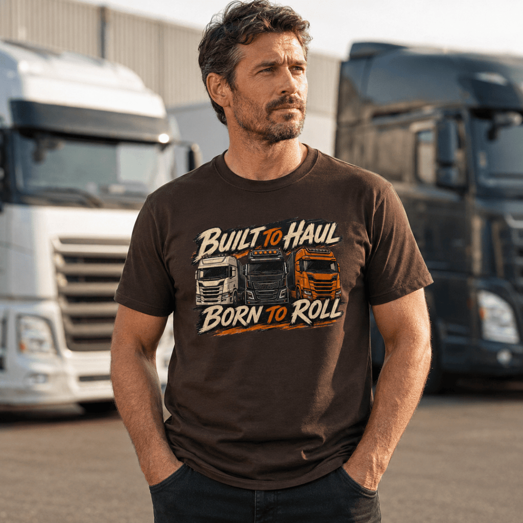 Man wearing a t-shirt with 'Built to Haul, Born to Roll' design in front of trucks.