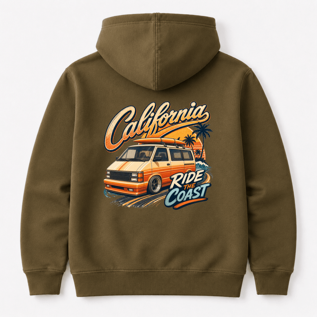 Camberline California Ride the Coast orange retro van and palm tree sunset graphic, olive hoodie, back view