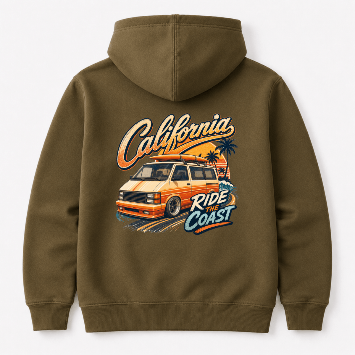 Camberline California Ride the Coast orange retro van and palm tree sunset graphic, olive hoodie, back view