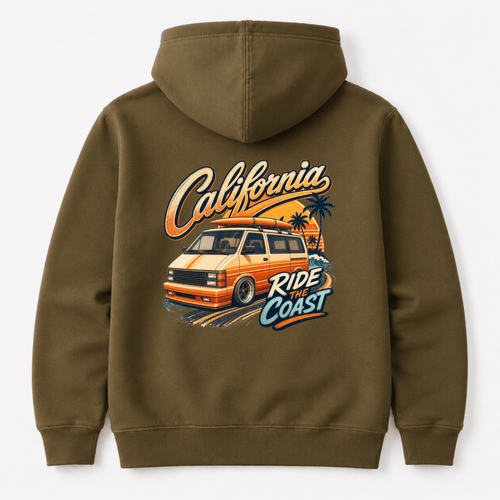 Camberline California Ride the Coast orange retro van and palm tree sunset graphic, olive hoodie, back view