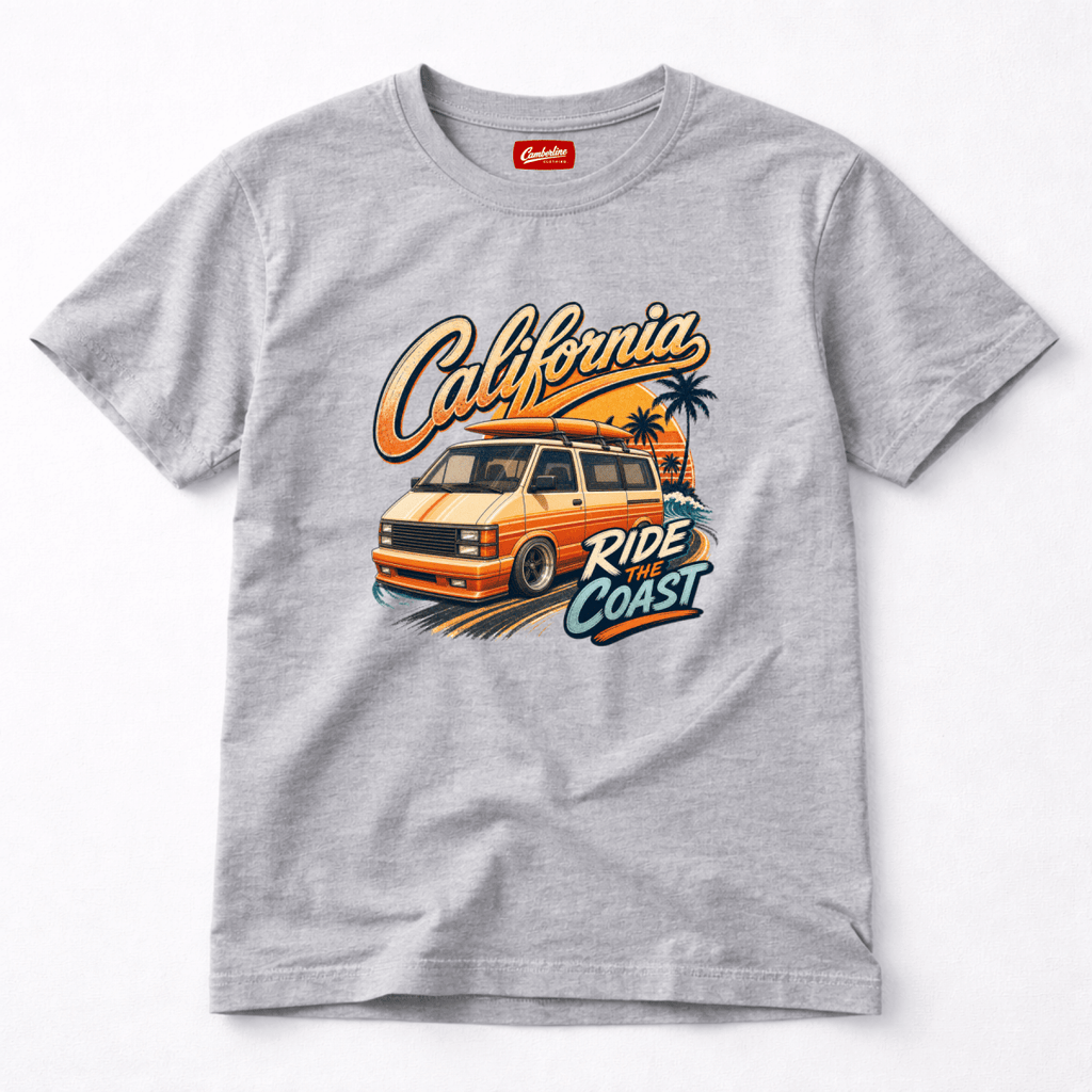 Camberline California Ride the Coast orange retro van and palm tree sunset graphic, grey marl t-shirt, front view