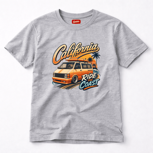Camberline California Ride the Coast orange retro van and palm tree sunset graphic, grey marl t-shirt, front view