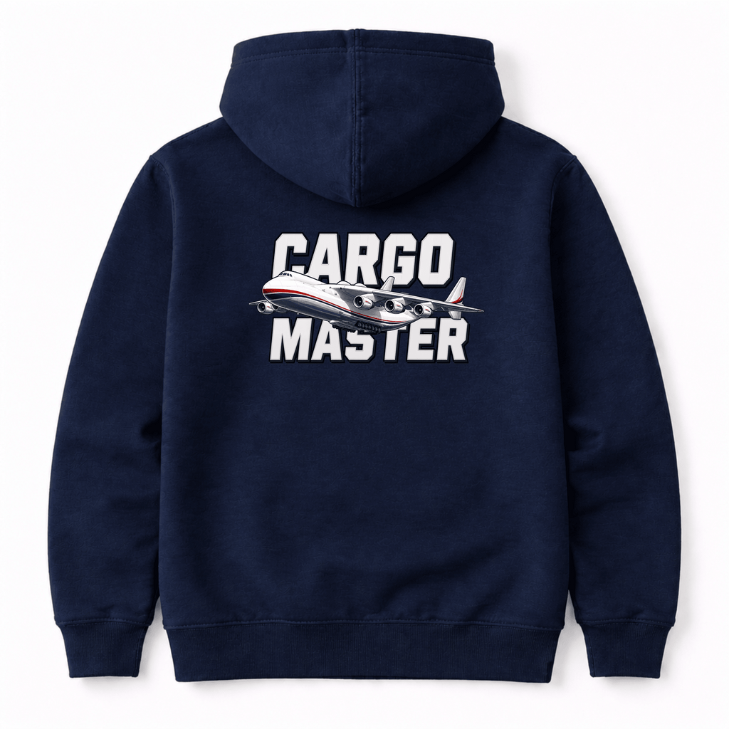 Navy blue hoodie with 'Cargo Master' text and airplane graphic on the back against a white background