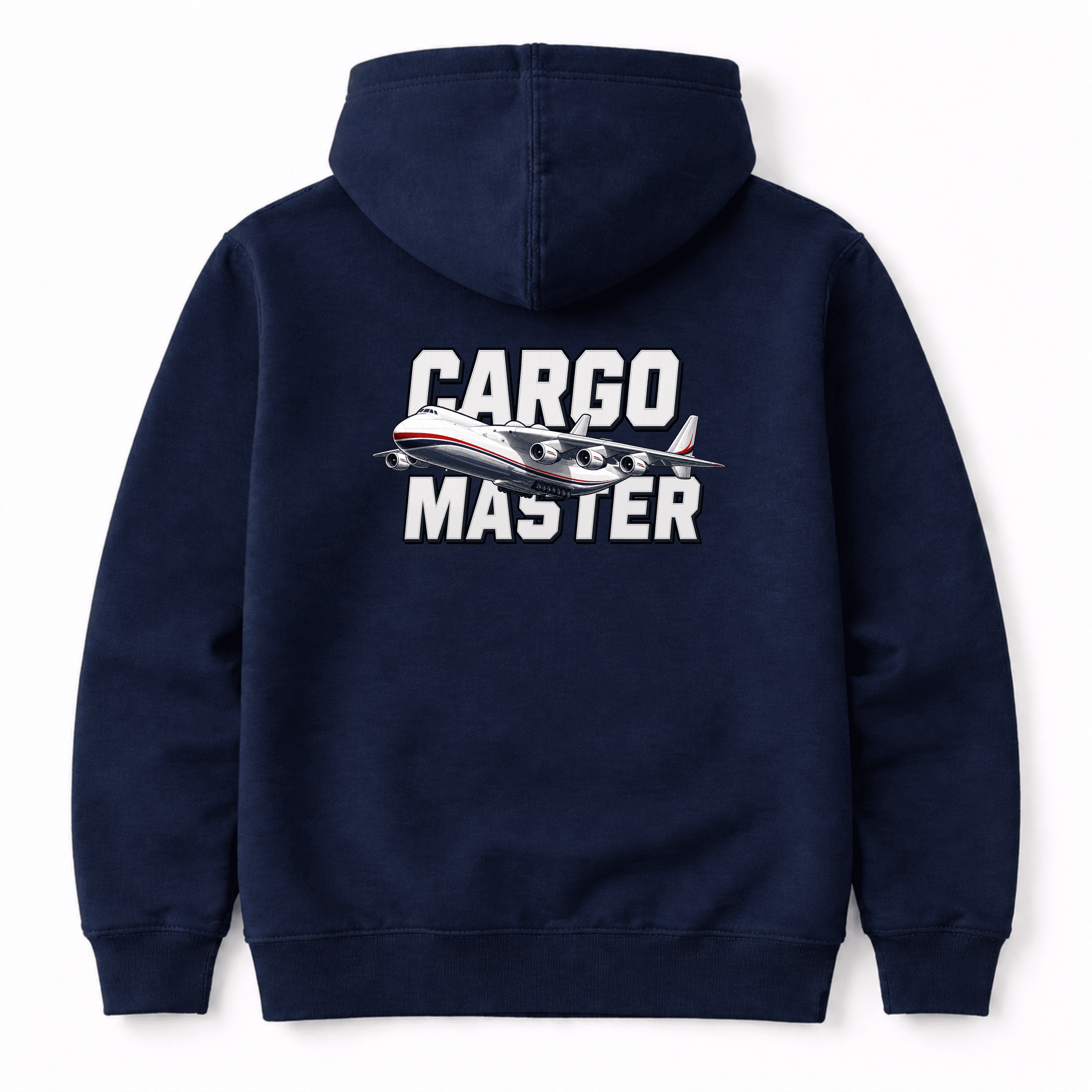 Navy blue hoodie with 'Cargo Master' text and airplane graphic on the back against a white background
