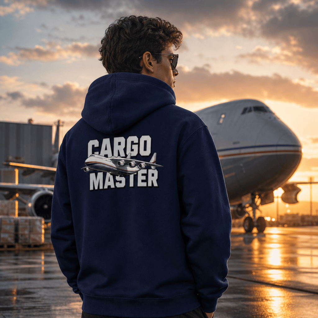 Person wearing a hoodie with 'Cargo Master' text in front of an airplane at sunset.
