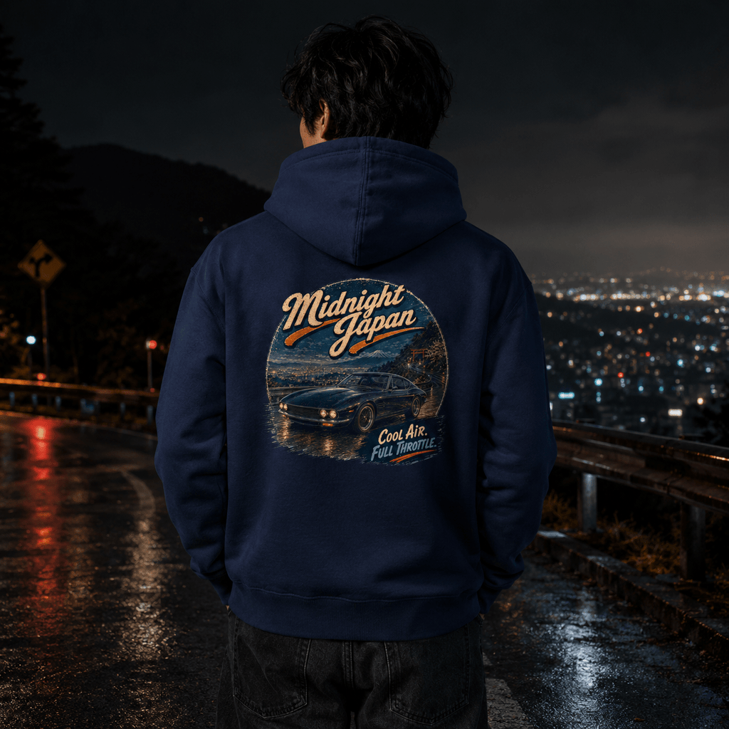 Model wearing the Camberline Cars Midnight Japan Classic Coupe Hoodie – Navy, styled in a car culture setting