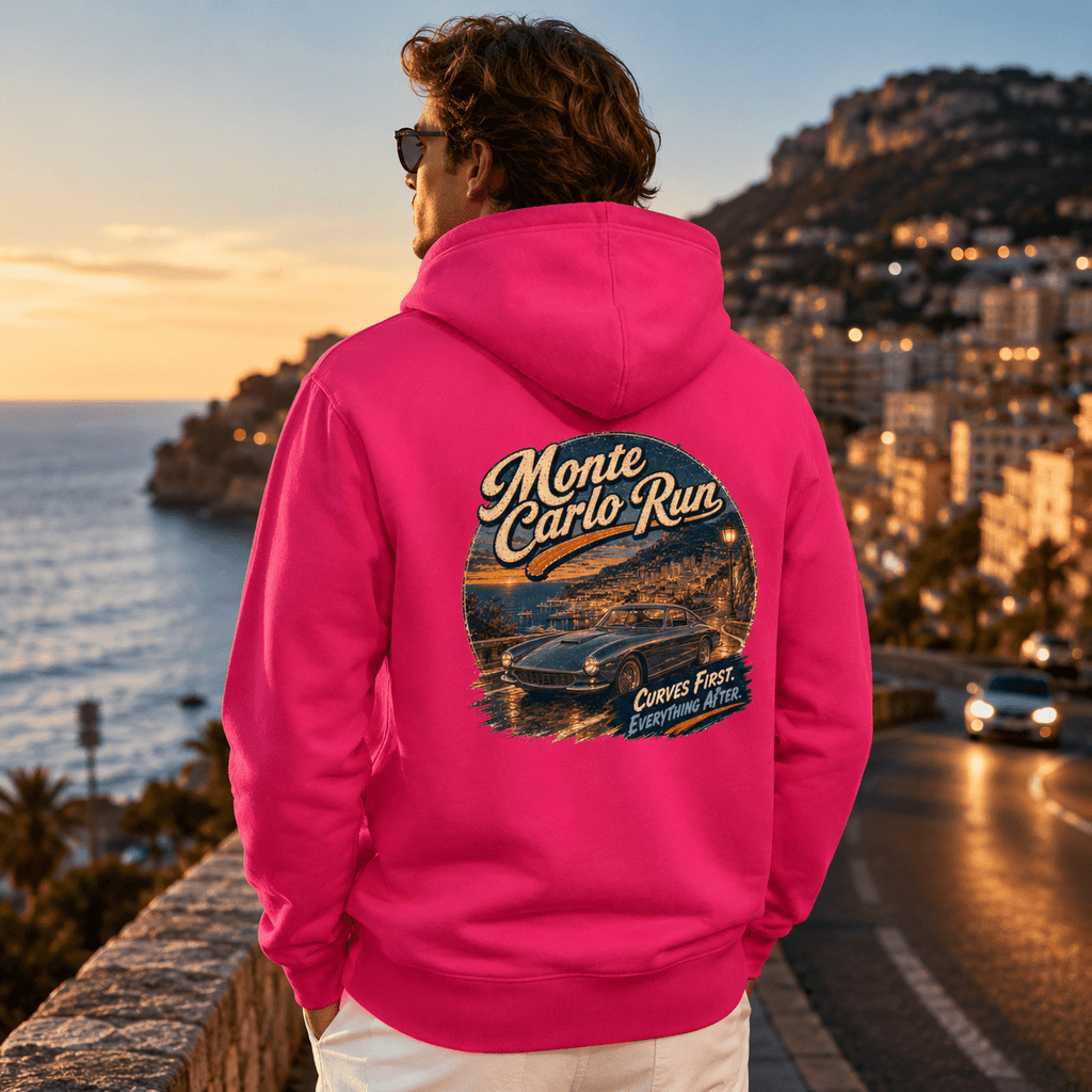 Model wearing the Camberline Cars Monte Carlo Run Classic Coupe Hoodie – Hot Pink, styled in a car culture setting