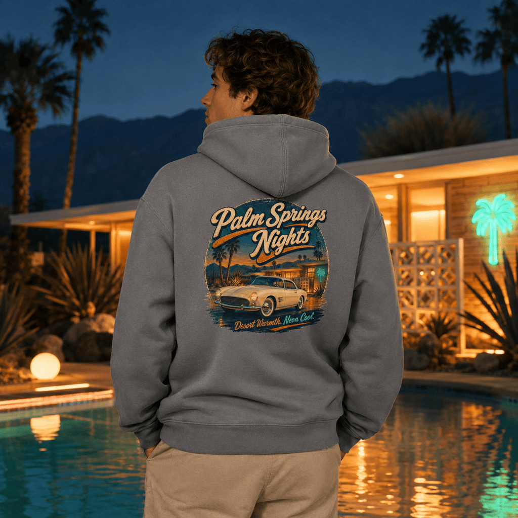 Model wearing the Camberline Cars Palm Springs Classic Coupe Hoodie – Storm Grey, styled in a car culture setting
