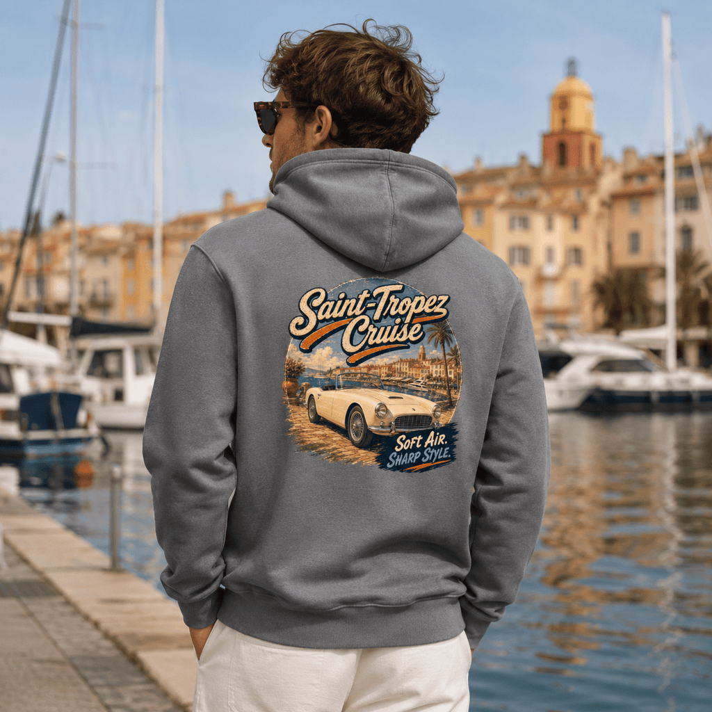 Model wearing the Camberline Cars Saint Tropez Classic Roadster Hoodie – Storm Grey, styled in a car culture setting