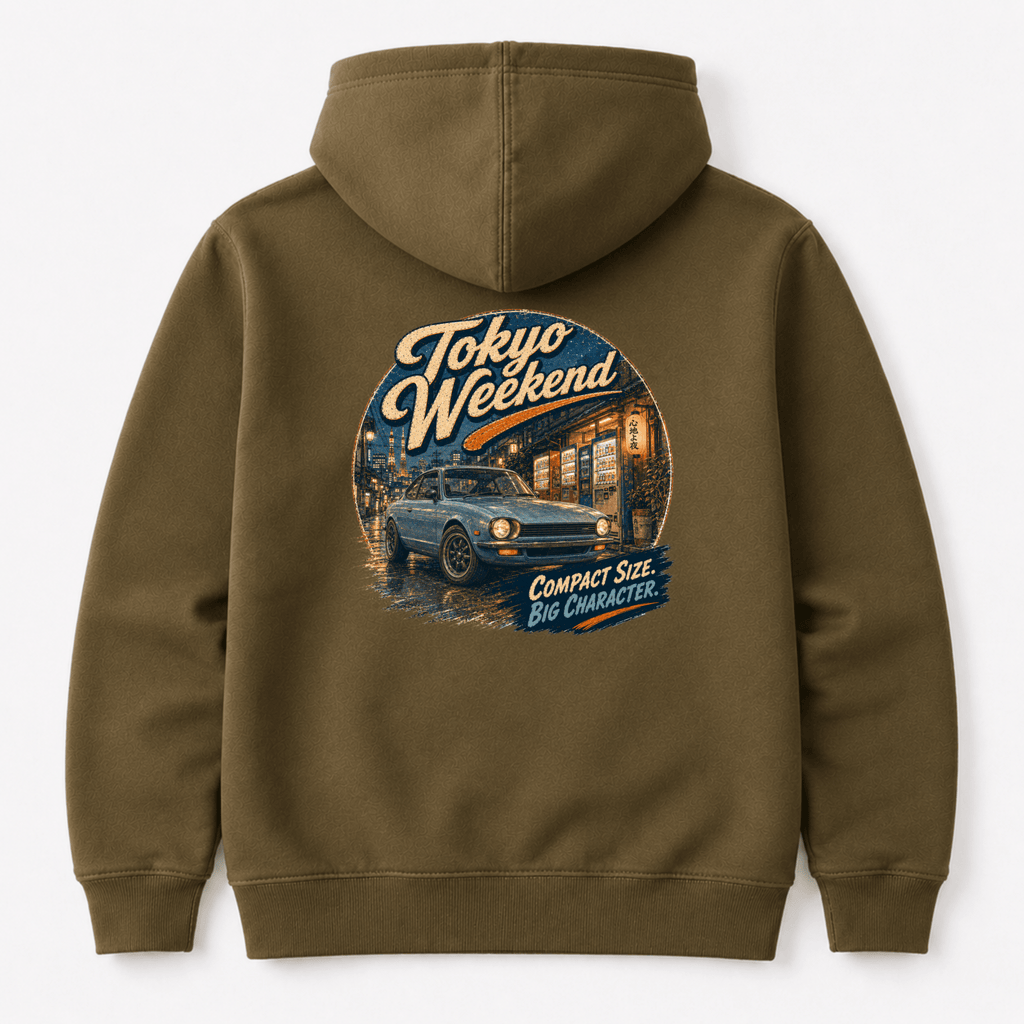 Camberline Cars Tokyo Weekend Classic Compact Car Hoodie – Khaki — back view showing the Camberline Cars Tokyo Weekend Classic Compact Car graphic print