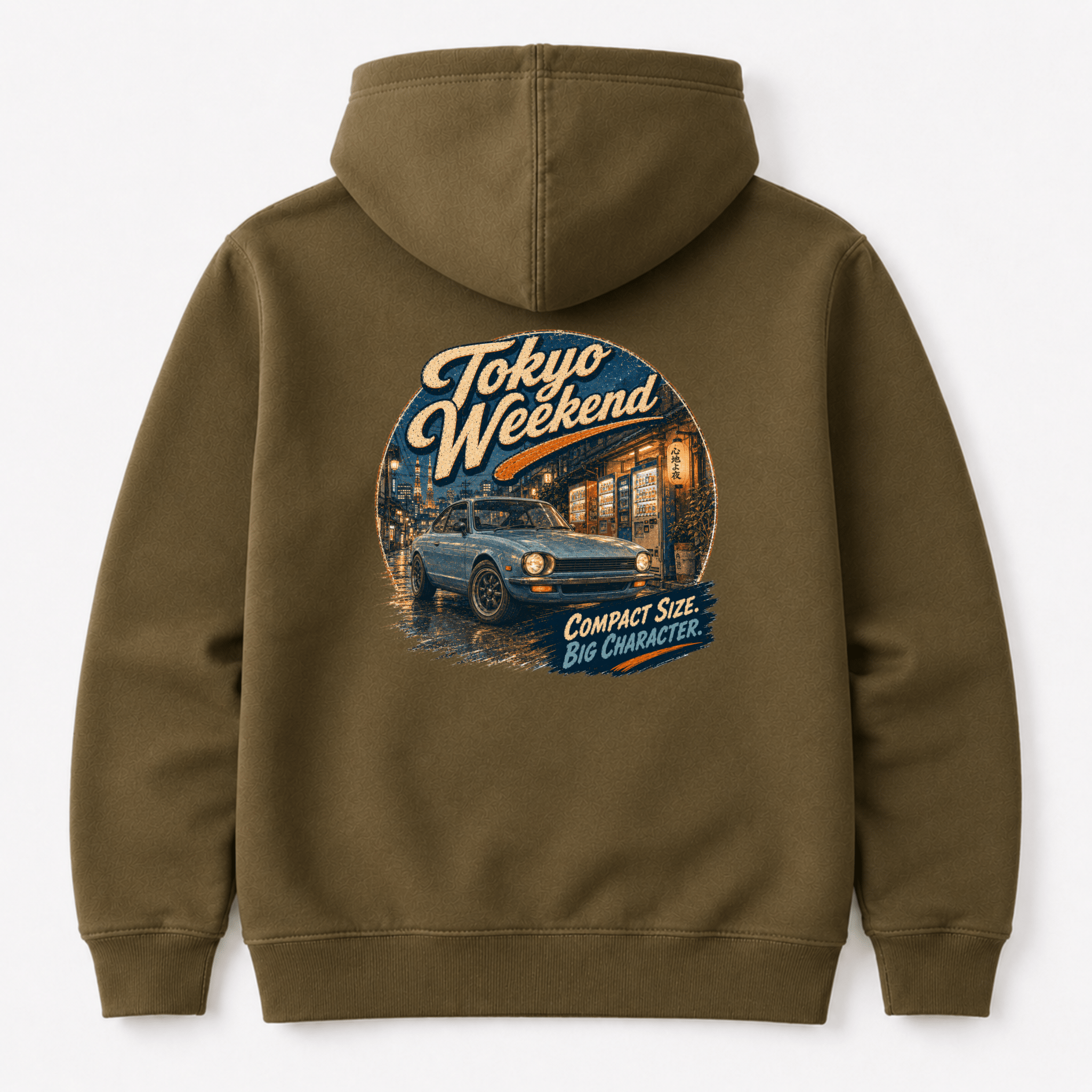 Camberline Cars Tokyo Weekend Classic Compact Car Hoodie – Khaki — back view showing the Camberline Cars Tokyo Weekend Classic Compact Car graphic print