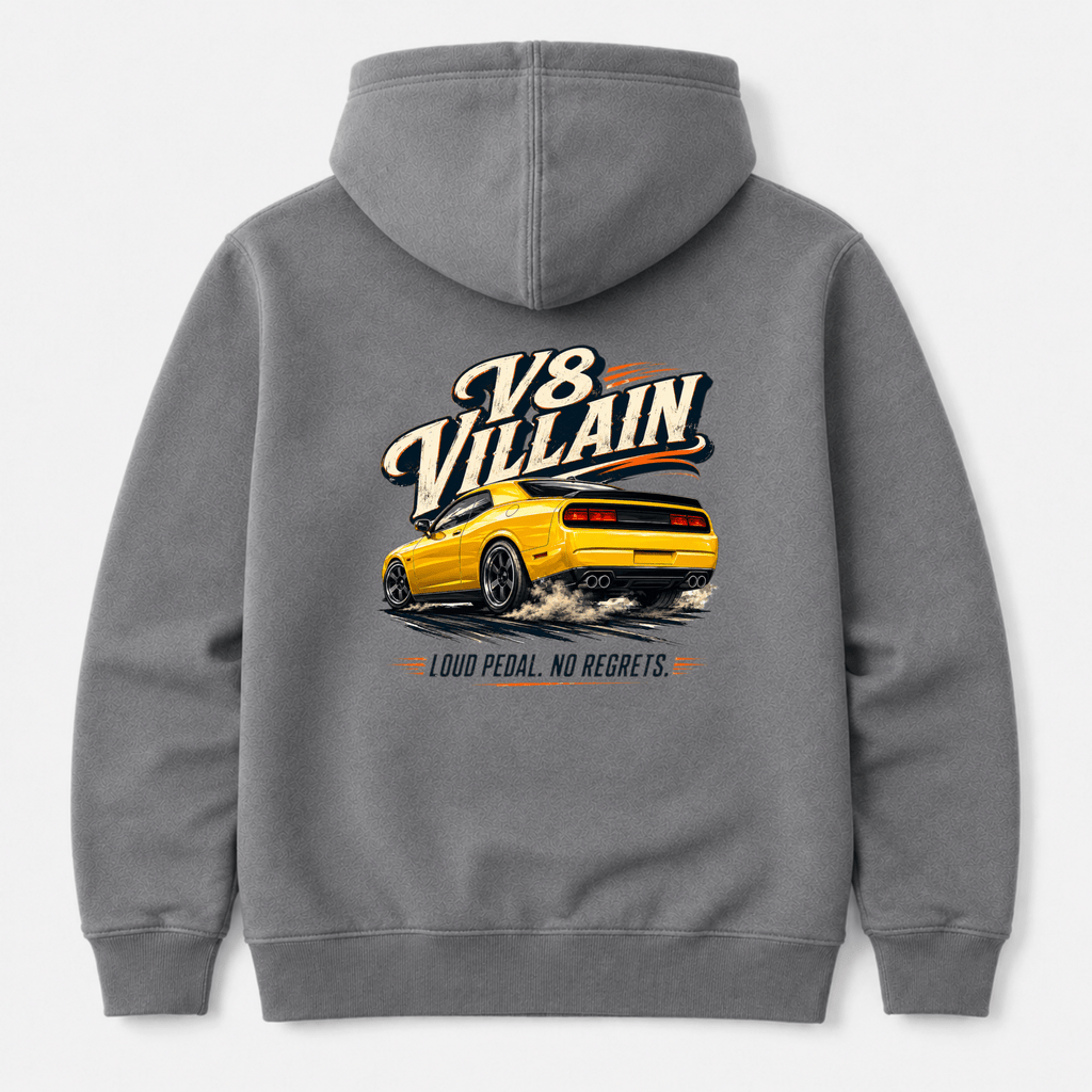 Camberline Cars V8 Villain Muscle Car Hoodie – Storm Grey — back view showing the Camberline Cars V8 Villain Muscle Car graphic print