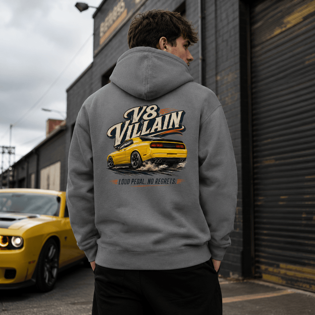 Model wearing the Camberline Cars V8 Villain Muscle Car Hoodie – Storm Grey, styled in a car culture setting