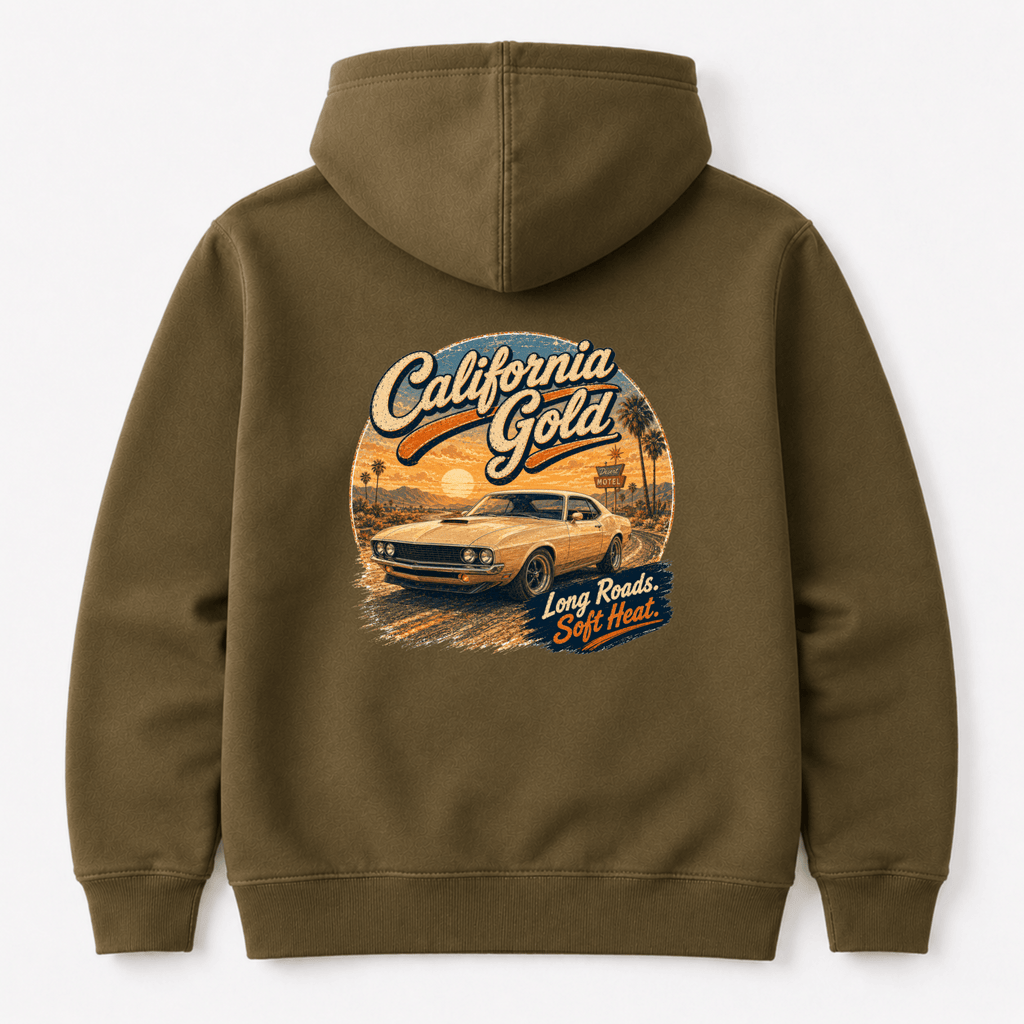 Camberline Cars California Gold Torino Hoodie in Combat Green showing back graphic