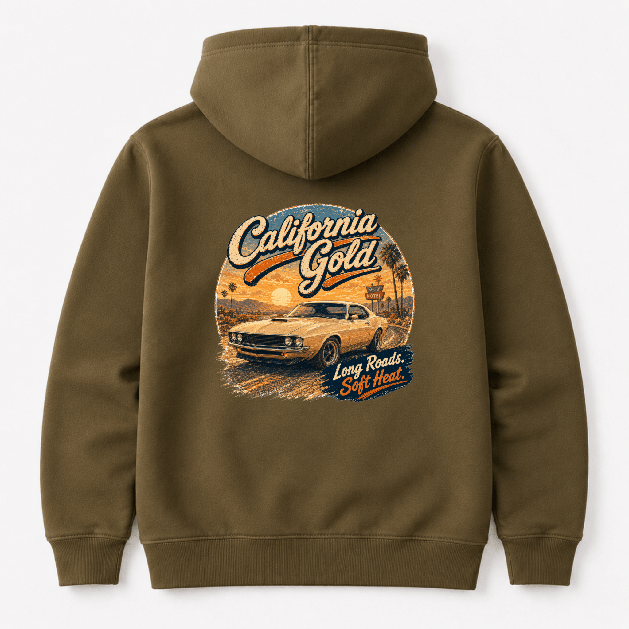 Camberline Cars California Gold Torino Hoodie in Combat Green showing back graphic