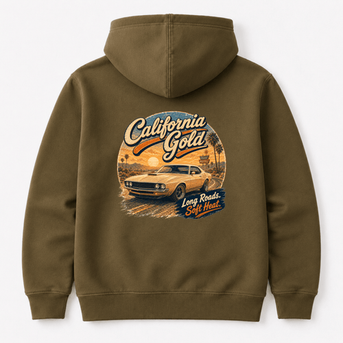 Camberline Cars California Gold Torino Hoodie in Combat Green showing back graphic