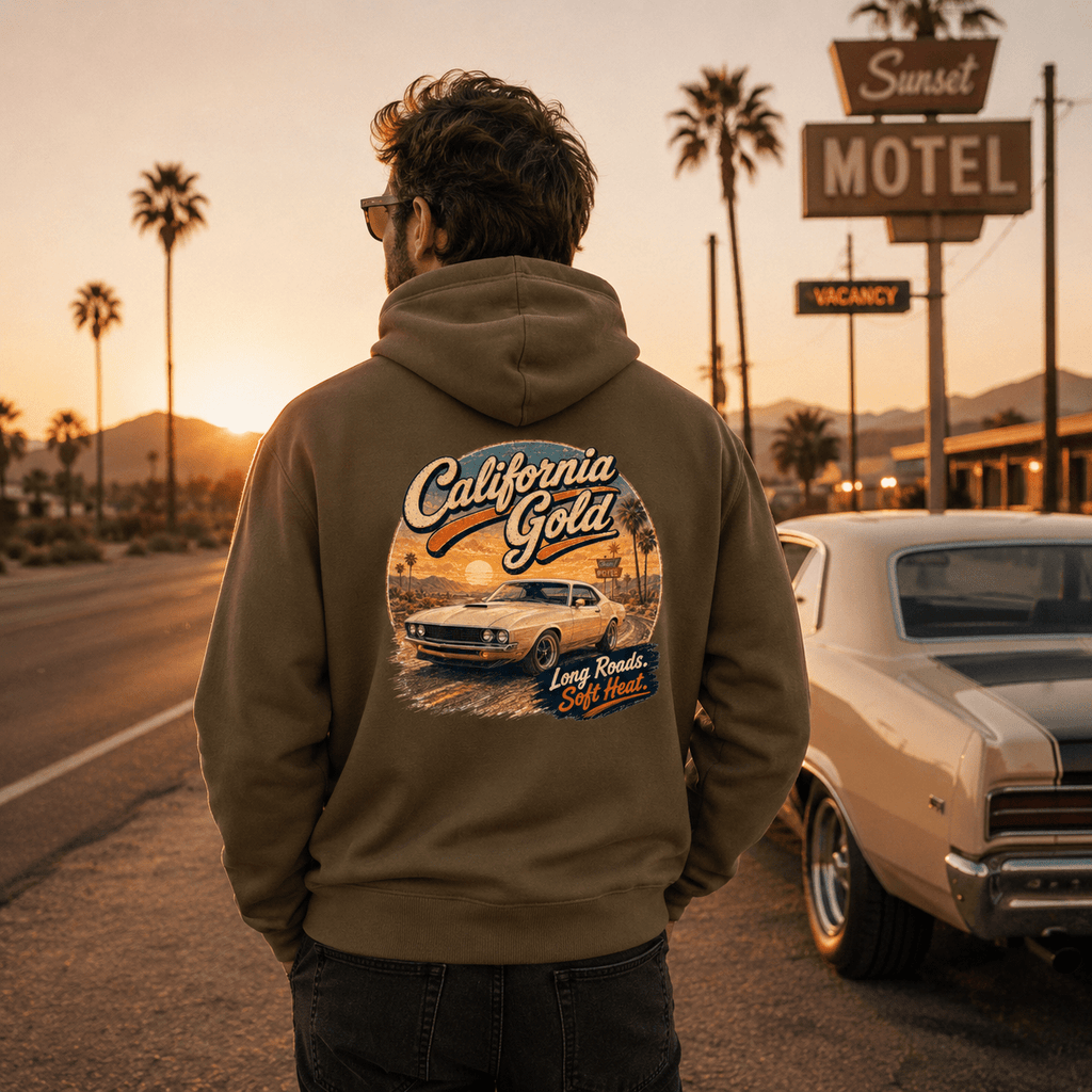 Model wearing Camberline Cars California Gold Torino Hoodie in Combat Green