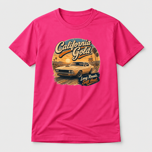 Camberline Cars California Gold Classic Muscle T-Shirt in Hot Pink showing front graphic
