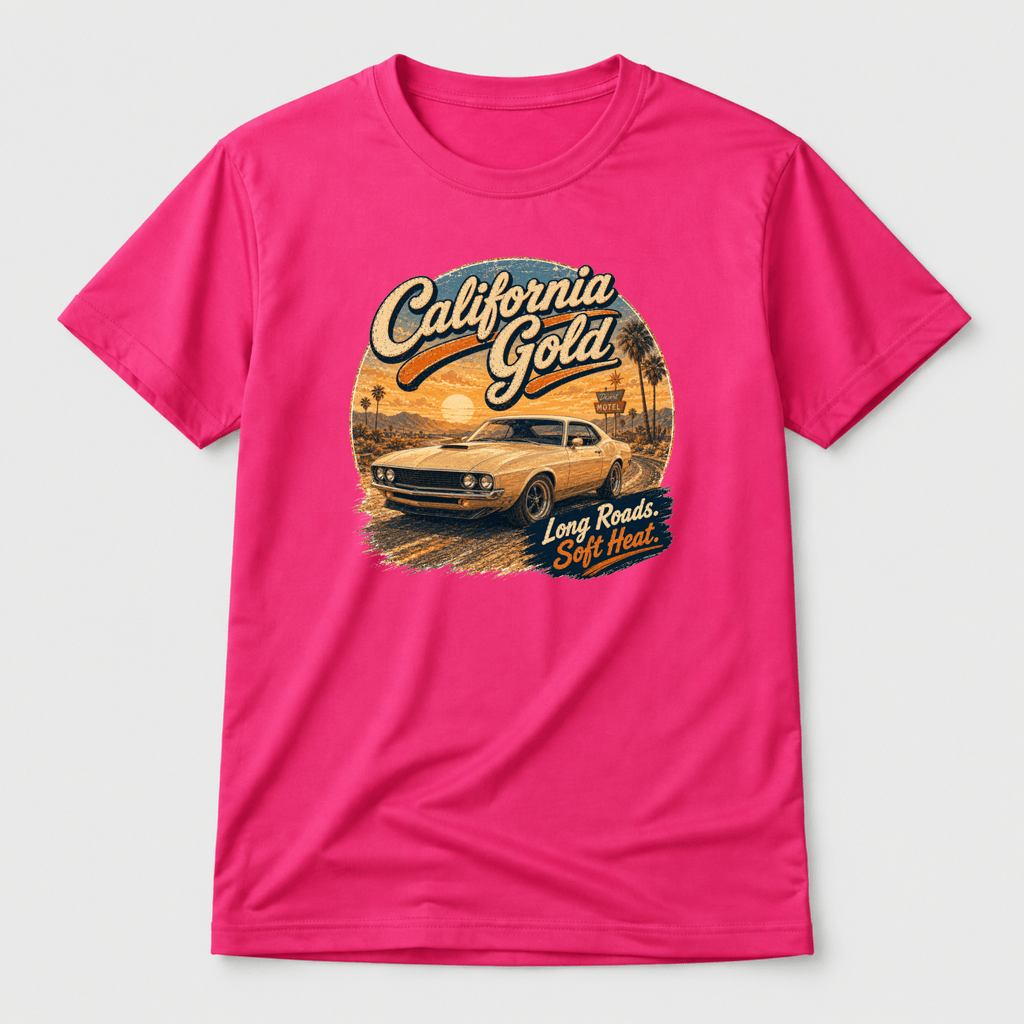 Camberline Cars California Gold Torino T-Shirt in Hot Pink showing front graphic