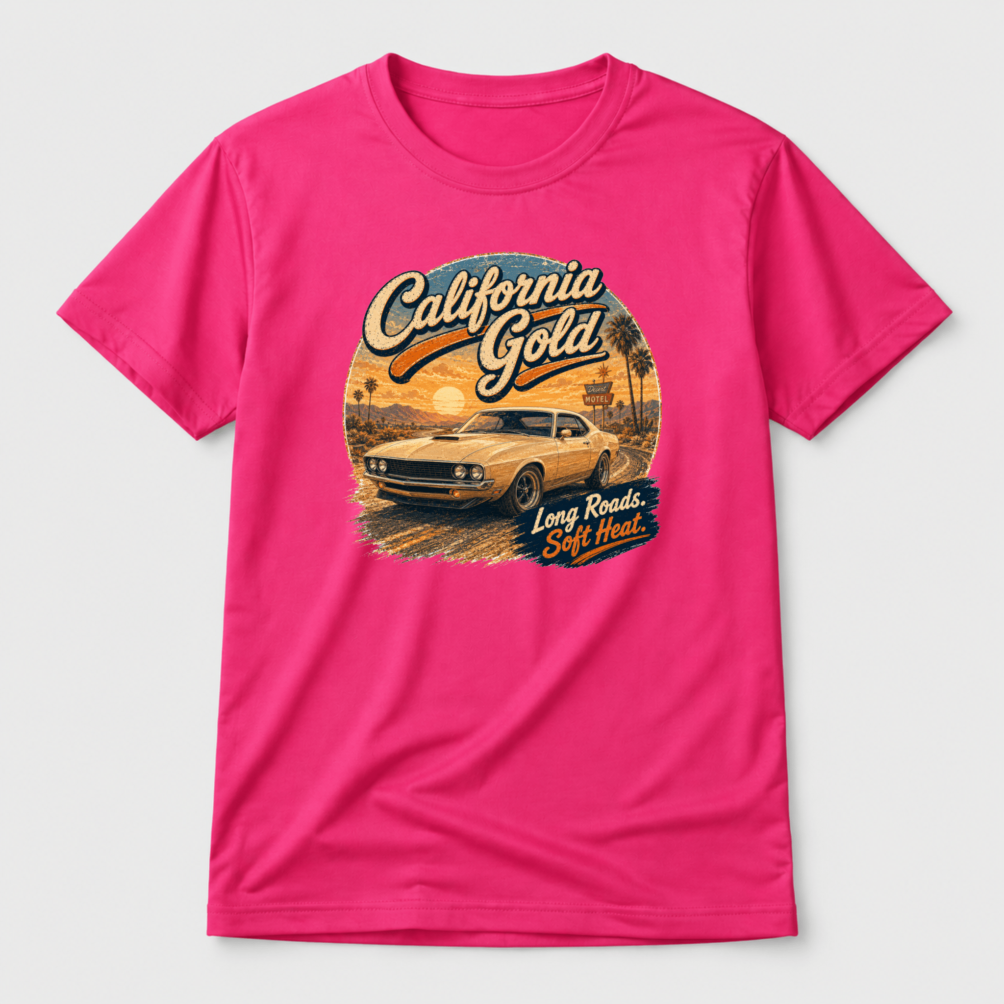 Camberline Cars California Gold Torino T-Shirt in Hot Pink showing front graphic