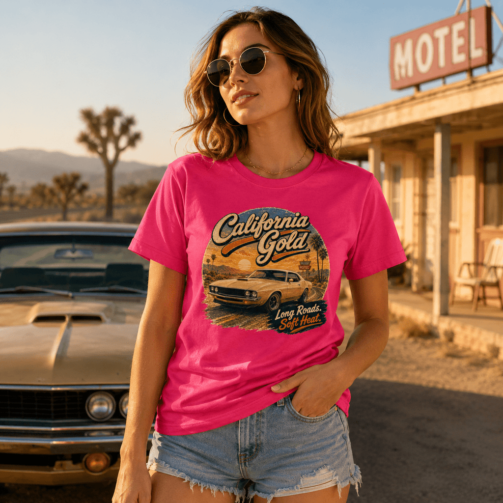 Model wearing Camberline Cars California Gold Torino T-Shirt in Hot Pink