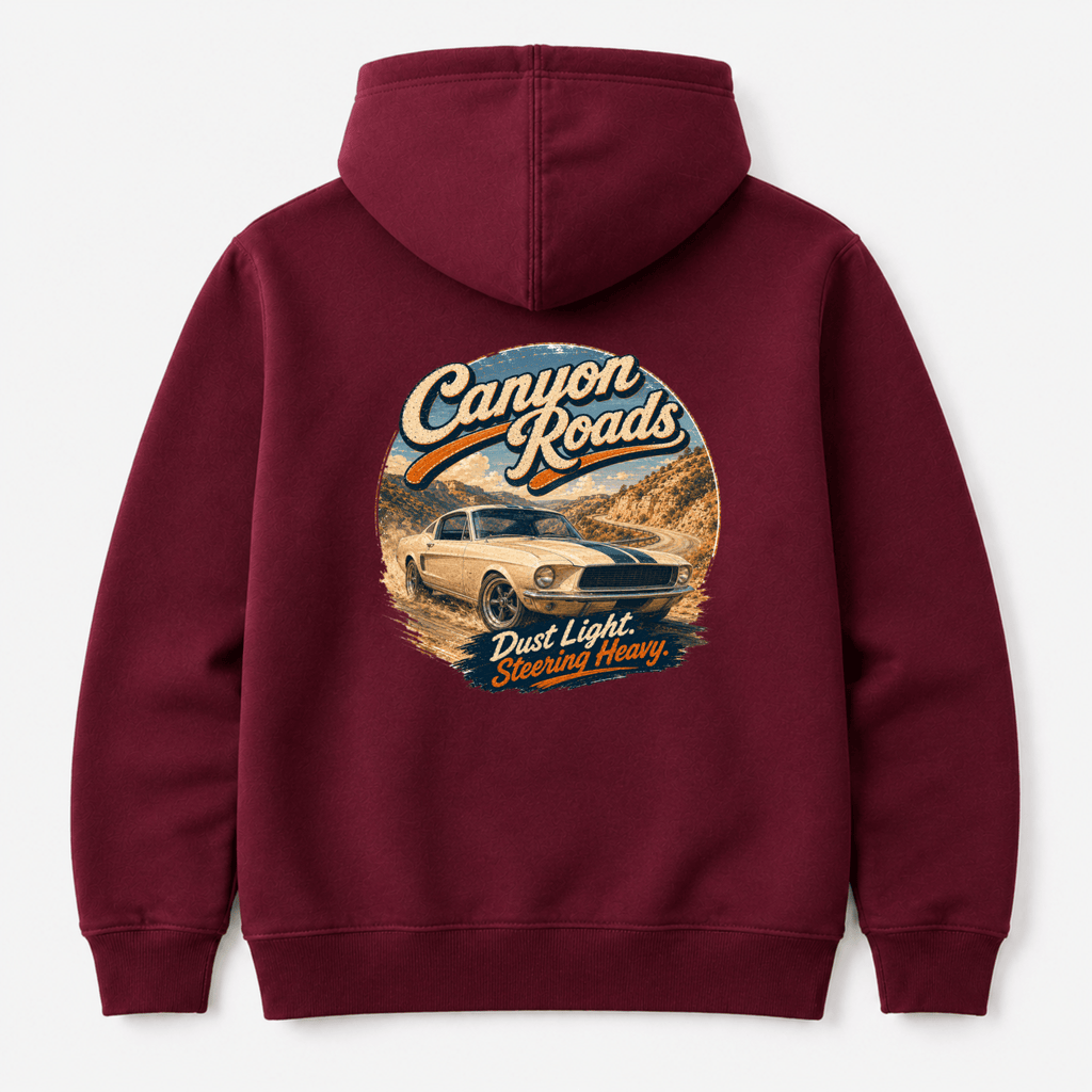 Camberline Cars Canyon Roads Classic Muscle Hoodie in Burgundy showing back graphic