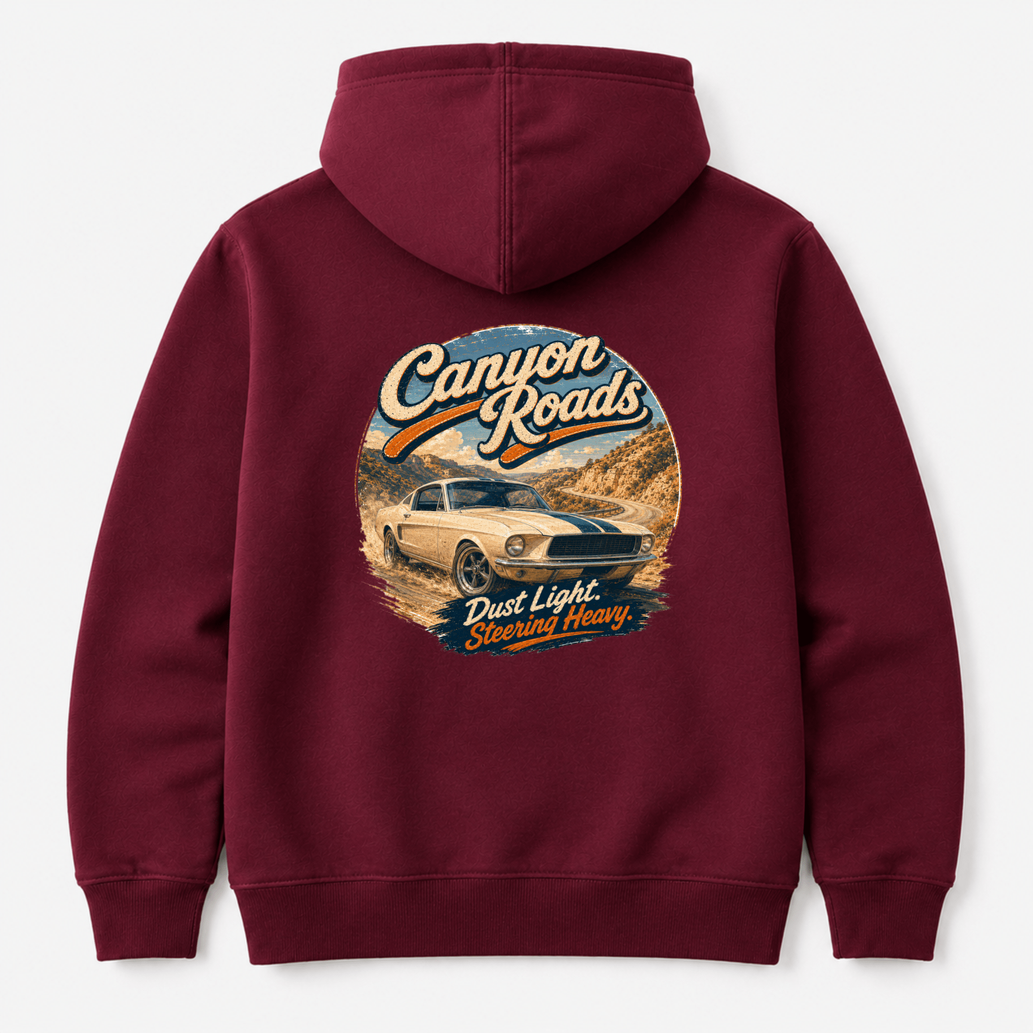 Camberline Cars Canyon Roads Classic Muscle Hoodie in Burgundy showing back graphic