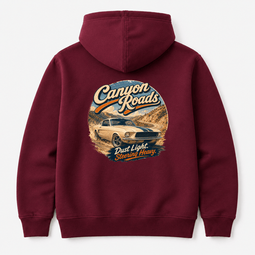 Camberline Cars Canyon Roads Classic Muscle Hoodie in Burgundy showing back graphic