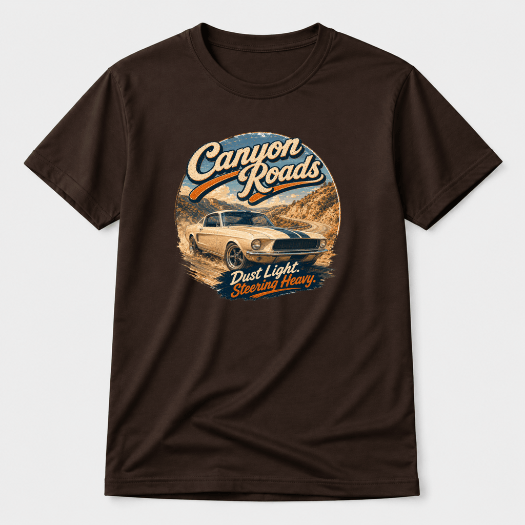 Camberline Cars Canyon Roads Muscle Fastback T-Shirt in Dark Chocolate showing front graphic