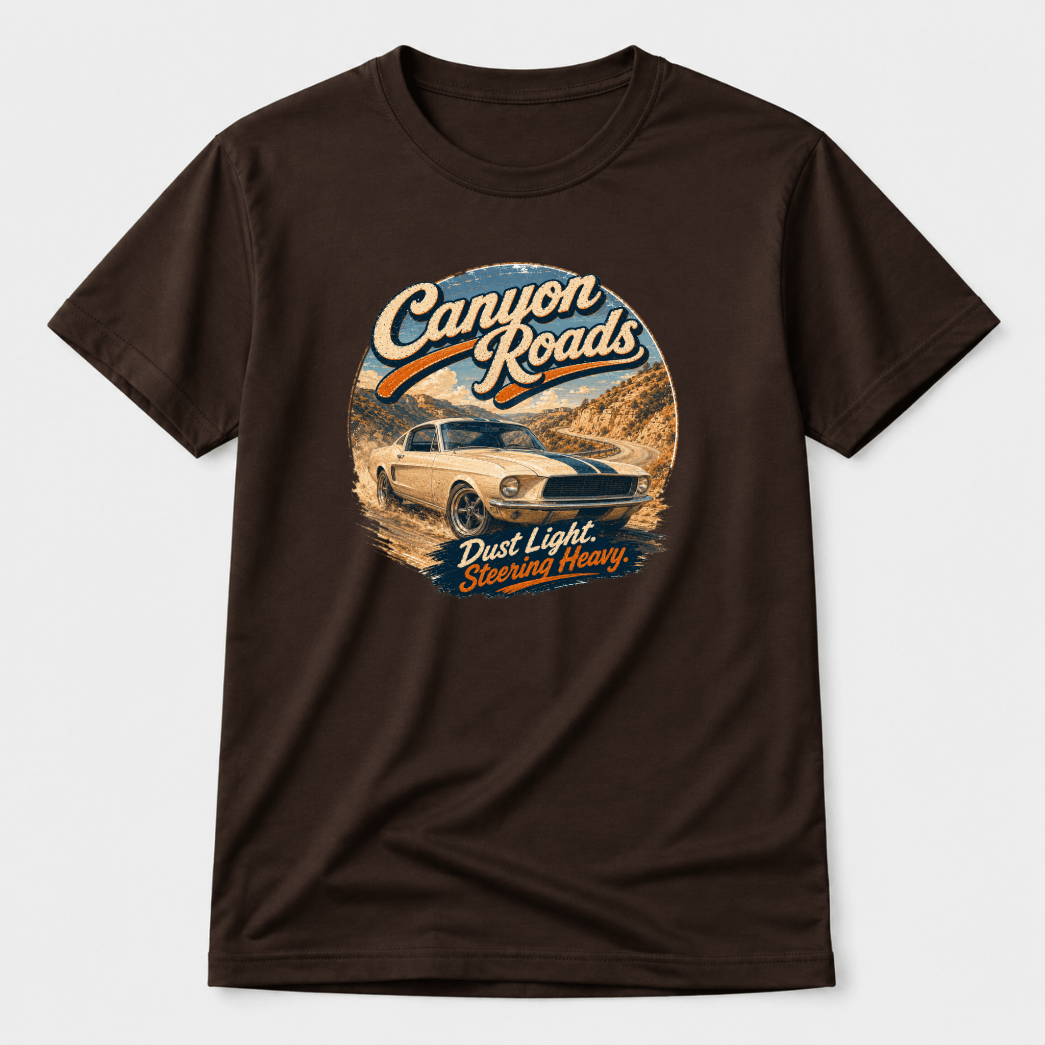 Camberline Cars Canyon Roads Muscle Fastback T-Shirt in Dark Chocolate showing front graphic