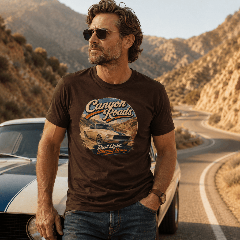 Model wearing Camberline Cars Canyon Roads Muscle Fastback T-Shirt in Dark Chocolate, styled for car culture