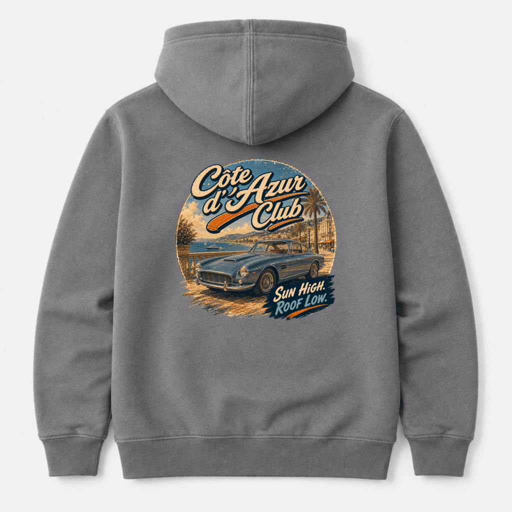 Camberline Cars Cote D'Azur Classic Coupe Hoodie in Storm Grey showing back graphic